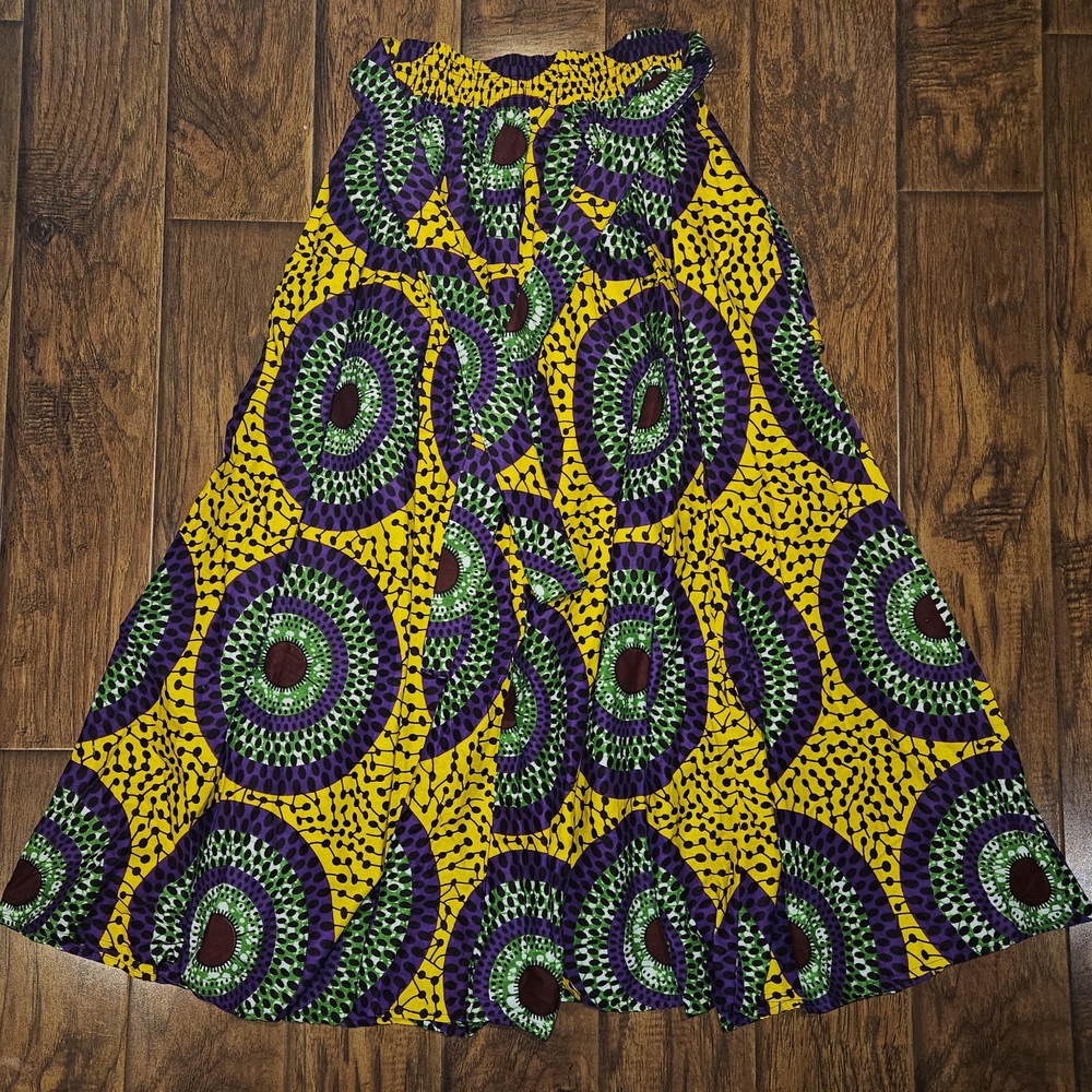 Vibrant African Yellow, Purple, Green Patterned Skirt & Scarf
